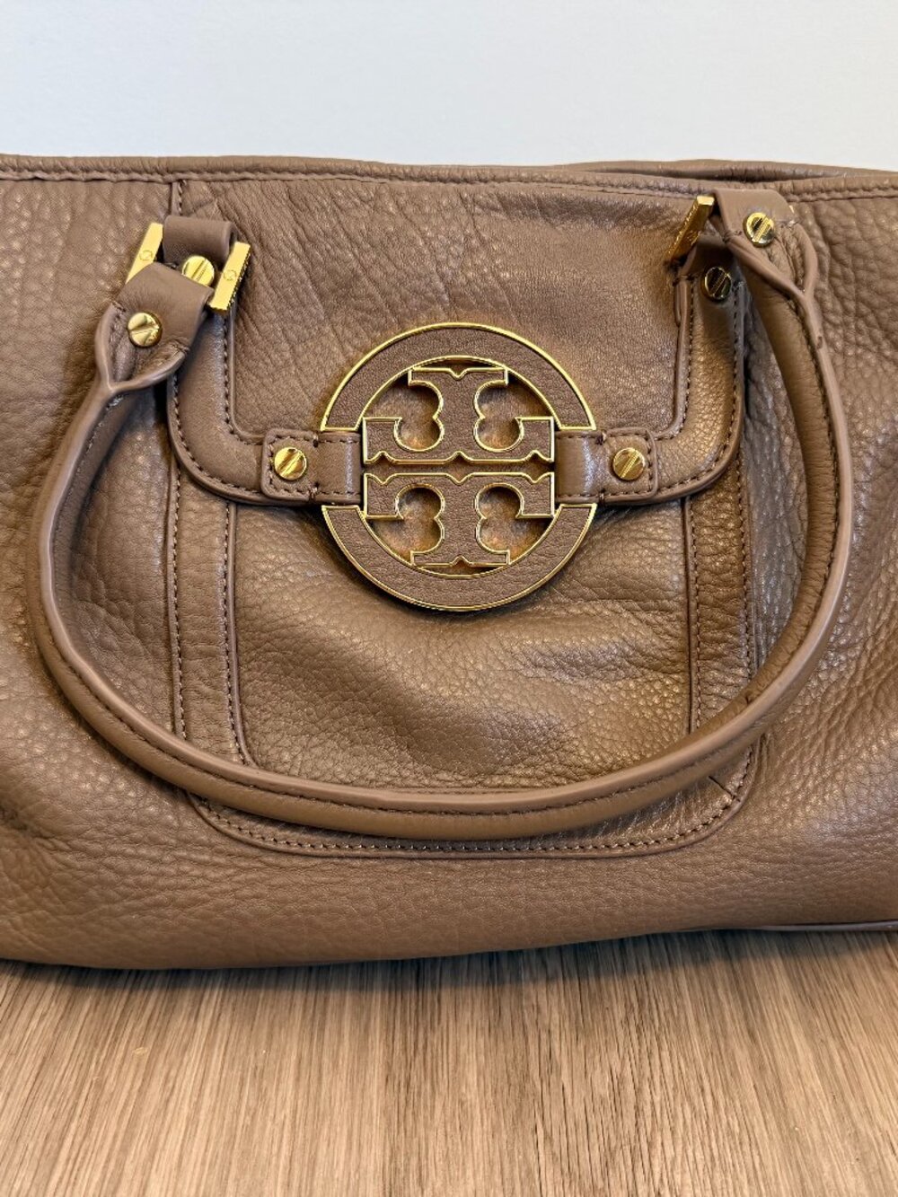 Tory Burch Amanda Taupe Pebbled Leather Gold Logo Satchel Tote Bag